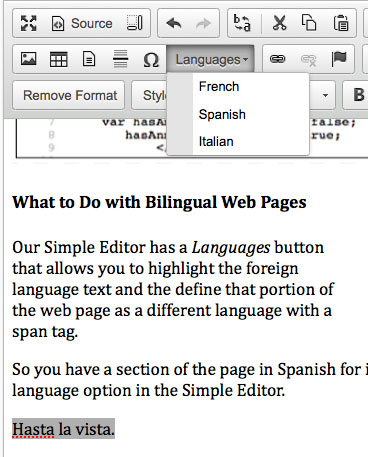 Screen shot showing the language options in the Simple Editor.