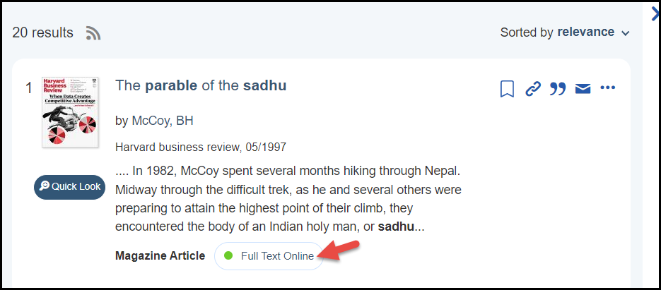 Full Text Online button within search results