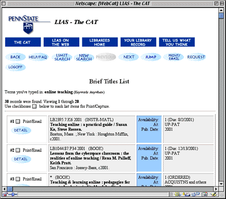 Screen shot showing a "brief titles" list