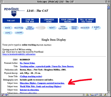 Screen shot showing a single item display, with an arrow pointing to the subject terms