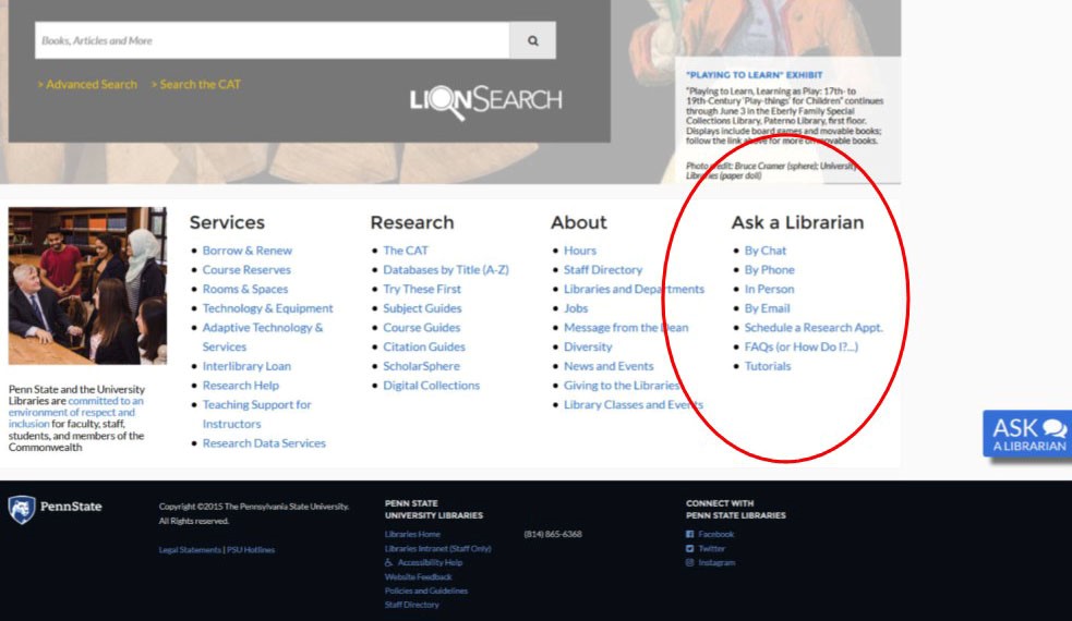 Bottom portion of the Penn State Libraries Home Page with content areas indicted.