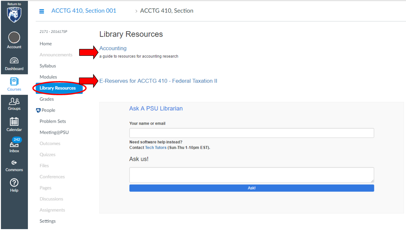 Library resources page for ACCTG 410.