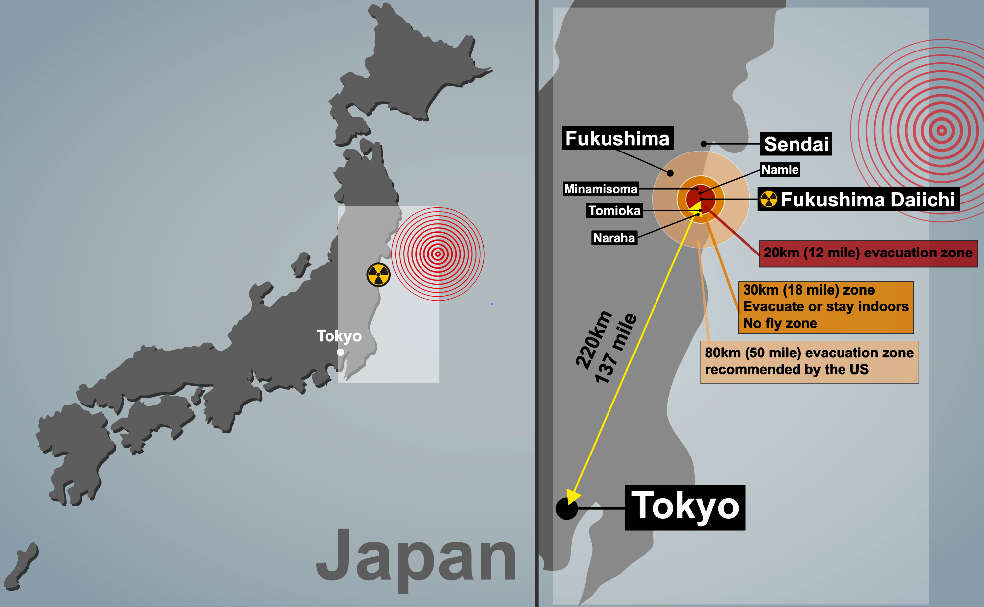 Detailed map of Japan with seismic epicenter