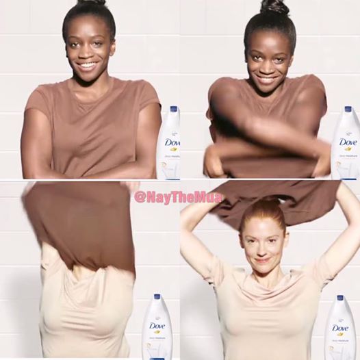 Dove ad showing a black woman removing her brown shirt to reveal a smiling white woman in a crisp white shirt underneath.