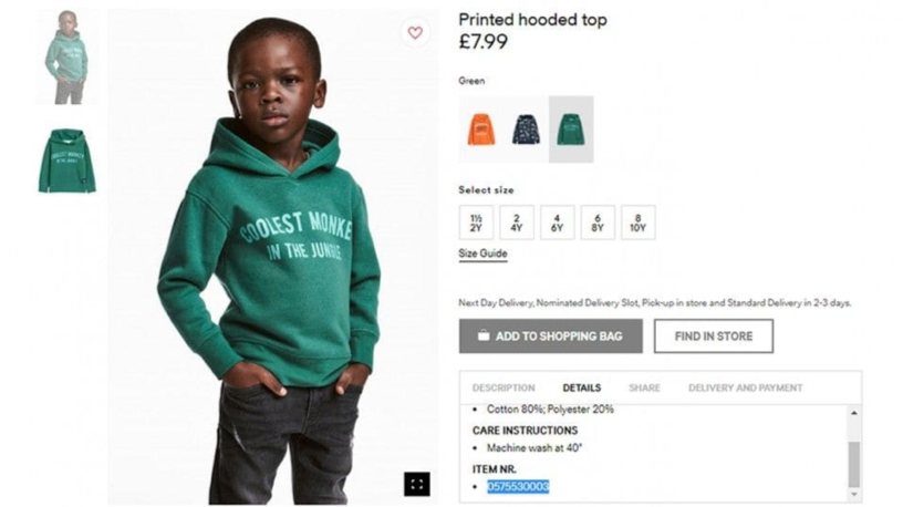 H&M ad showing a black child model wearing a hooded sweatshirt that reads coolest monkey in the jungle.