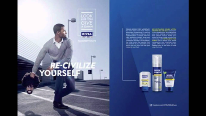 Nivea ad showing a well-groomed black man about to toss what looks like a rubber mask with scruffy facial hair and a large afro.