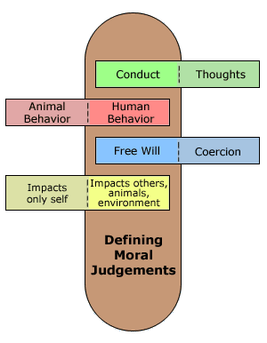 Moral judgements include conduct, human behavior, free will, and how actions impact others. Outside this realm includes thoughts, animal behavior, coercion, and actions that impact self.
