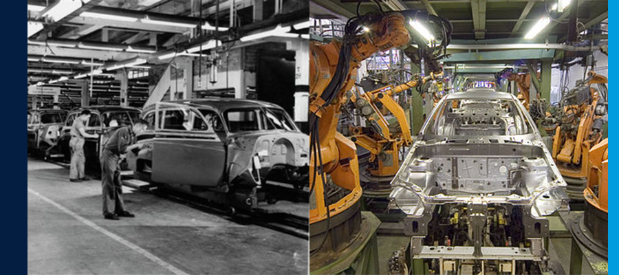 Two images of car assembly lines. One from the early 1950's showing multiple workers and a few cars. And, one showing multiple cars with robots instead of workers.