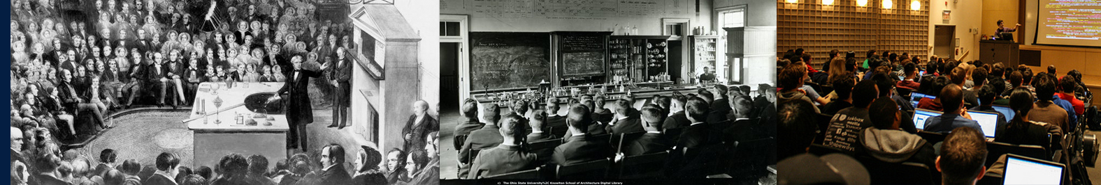 Three images of lecture halls with students at different points in history. 