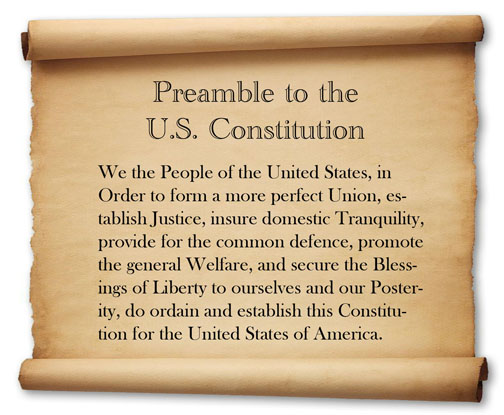We the People of the United States, in Order to form a more perfect Union, establish Justice, insure domestic Tranquility, provide for the common defence, promote the general Welfare, and secure the Blessings of Liberty to ourselves and our Posterity, do ordain and establish this Constitution for the United States of America.