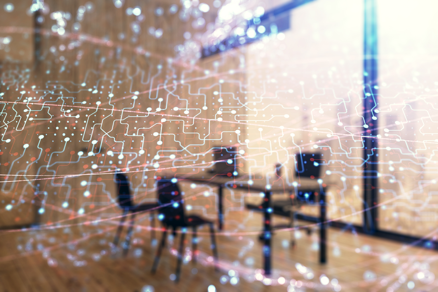 Tech theme hologram and minimalistic cabinet interior background. Double exposure. High technology concept.