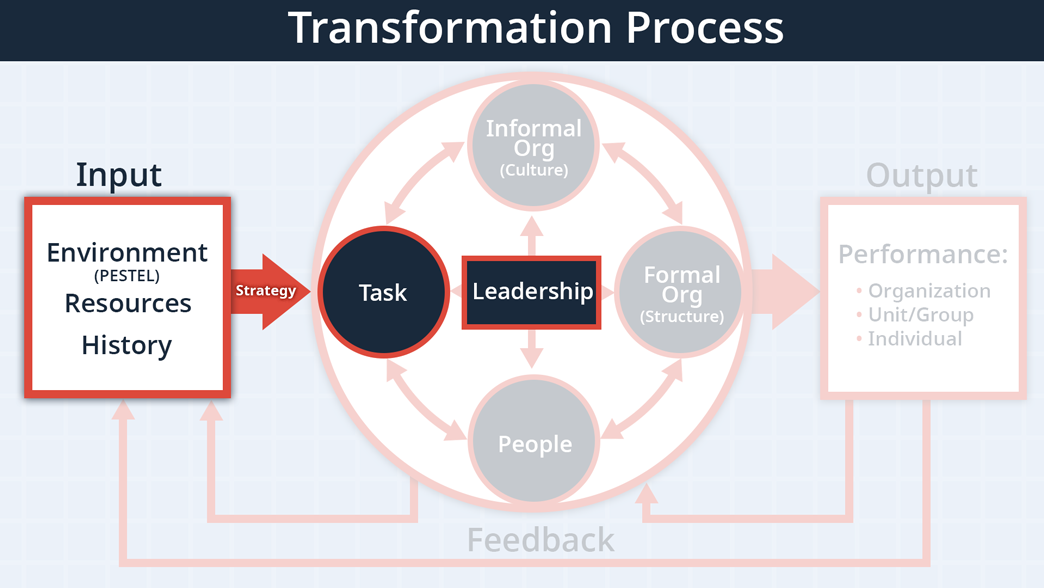 the congruence model highlighting the inputs environment resources and history and the central components leadership and tasks