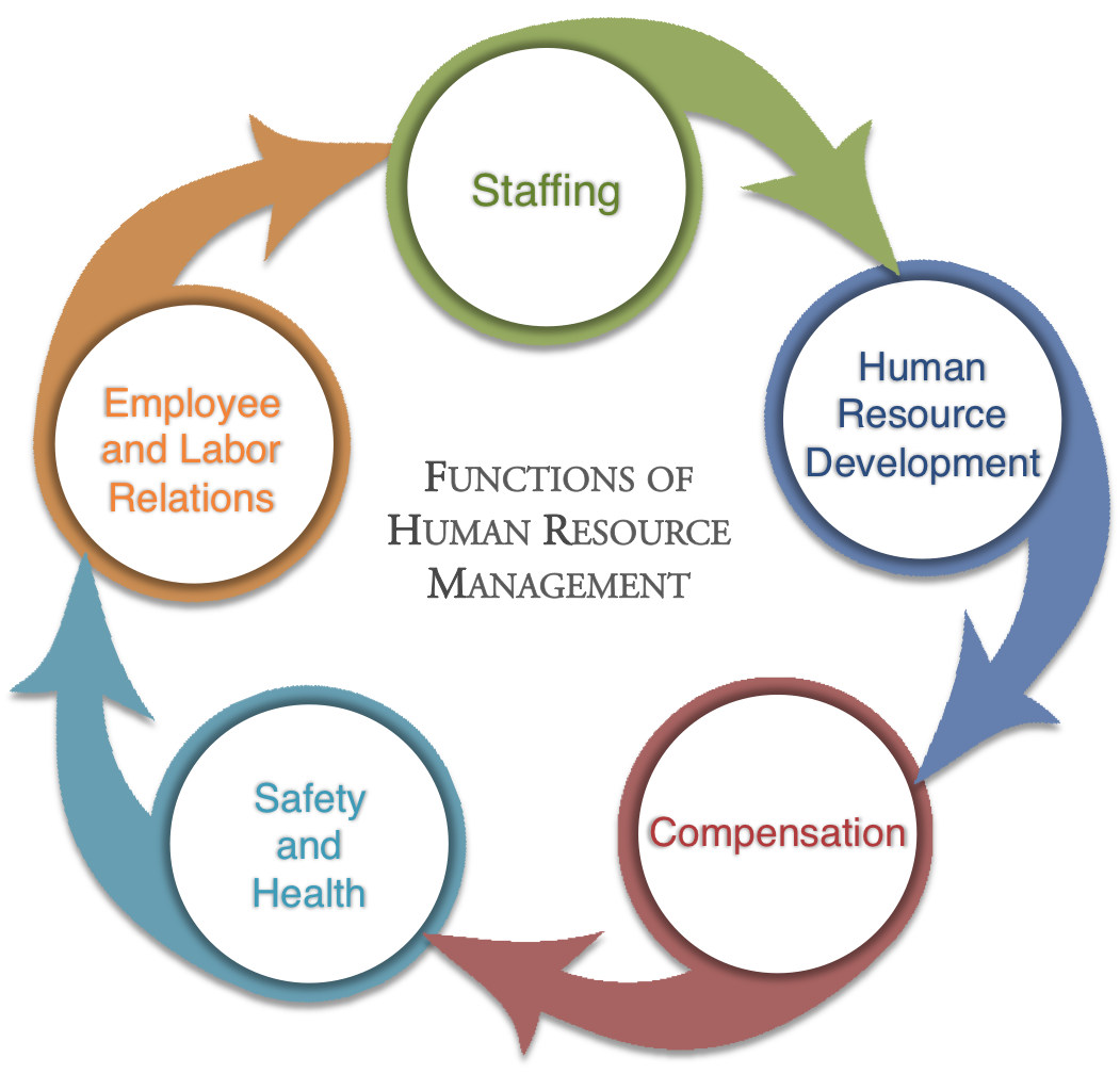 Graphic shows five HRM functions, staffing, human resource development, compensation, safety and health, and employee and labor relations