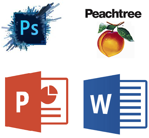 PhotoShop, Peachtree, PowerPoint, and Word logos