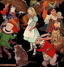 Illustration of Alice surrounded by the characters of Wonderland