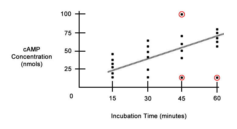 Trimming Example Scatter Graph. Camp concentration (nmols) v. Incubation Time (minutes)