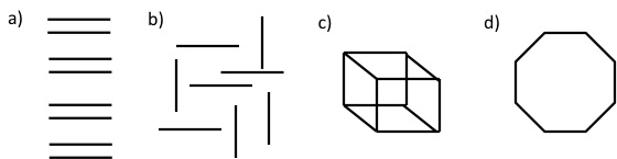 eight identical lines used to make a) four rows b)perpendicular lines c) a cube and d) and octagon